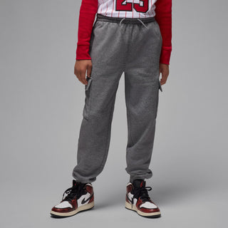 Youth carbon heather gray fleece cargo pants, cuffed hems, drawstring and side cargo pockets
