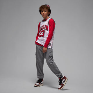 Youth carbon heather gray fleece cargo joggers with side pockets and Jordan logo on leg