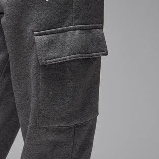 Carbon heather youth fleece cargo pants showing flap cargo pocket detail