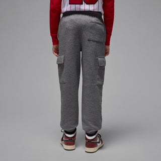 Youth carbon heather gray fleece cargo pants, back view with flap cargo pockets