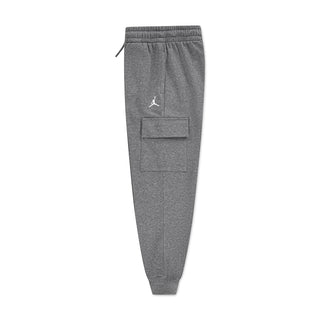 Youth carbon heather fleece cargo pants, back view with drawstring and two flap pockets