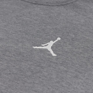 Youth heather gray fleece sweatshirt close-up, white Jumpman-style logo