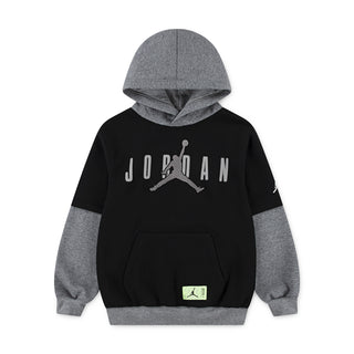 Youth black and gray fleece pullover hoodie with Jumpman logo and front pocket