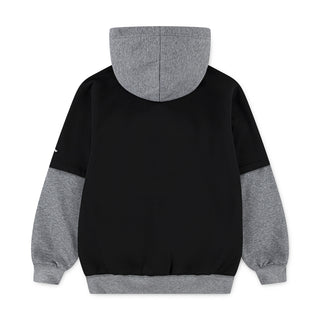 Back view: youth black fleece pullover hoodie with gray hood and contrasting sleeve panels
