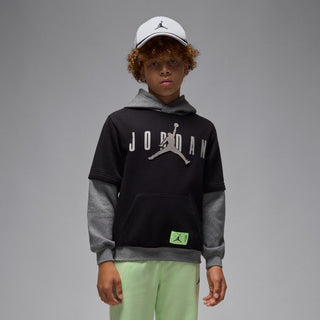 Youth black fleece pullover hoodie with gray hood, Jumpman logo, and kangaroo pocket