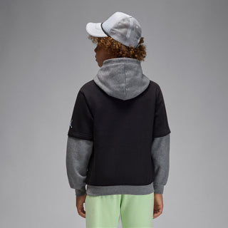 Youth black fleece pullover hoodie back view with gray hood and sleeves