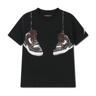 Black youth T-shirt with front sneaker graphic, red and white accents, Jordan logo