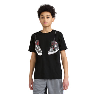Black youth T-shirt with front sneaker graphic, red/white details, crew neck