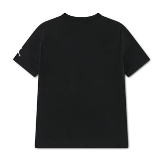 Black youth T-shirt back view, solid design with crew neck