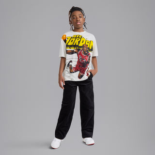 Youth heather gray T-shirt with Air Jordan basketball graphic, short sleeves