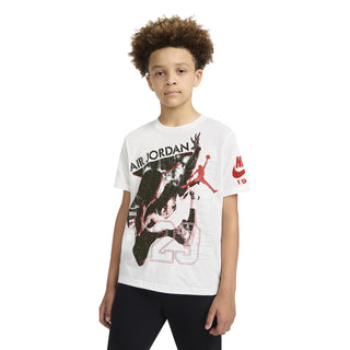 Youth white graphic t-shirt with Air Jordan 23 front print and red NIKE 19 sleeve