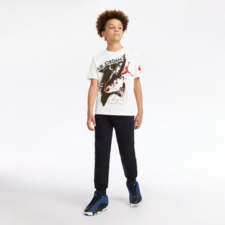 Youth white graphic t-shirt with Air Jordan 23 front graphic and red NIKE 19 sleeve