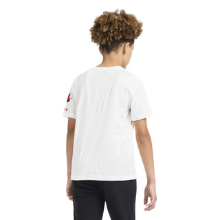 Youth white t-shirt back view with small red NIKE 19 logo on sleeve
