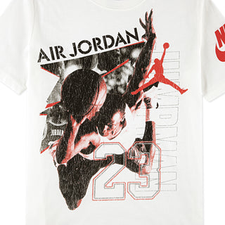 Youth white t-shirt close-up with Air Jordan and 23 graphic in black and red