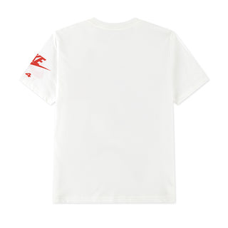 Youth white t-shirt back view, plain body with small red logo on sleeve