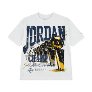 White youth graphic T-shirt with bold Jordan-themed typography and basketball print