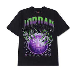 Black youth T-shirt with a Jordan basketball graphic in purple and green