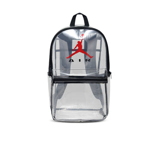 Clear stadium backpack with black trim, red Air Jordan logo, front zip and top handle