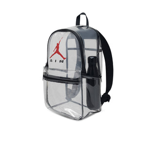 Clear backpack with black shoulder straps, side pocket, and red Air Jordan logo panel