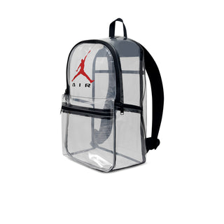 Clear stadium backpack with black trim, red Air Jordan logo, see-through front pocket