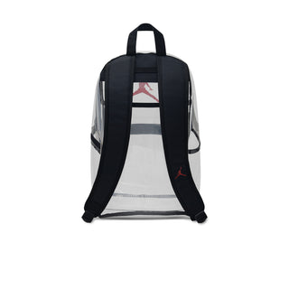 Clear backpack back view with black padded straps and top handle, red Air Jordan mark