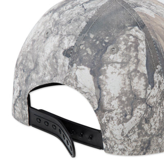 Youth camo snapback hat with black strap, interior mesh and low crown