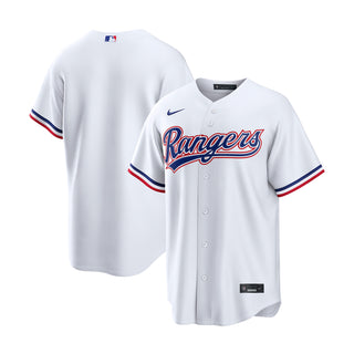 Youth white home baseball jersey with Rangers script, button front, and Nike swoosh
