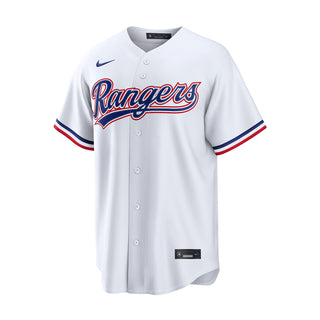 Youth white home baseball jersey with Rangers logo, button front, and red-blue sleeve trim