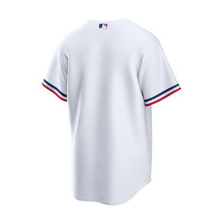 Youth white home baseball jersey, plain back with red-blue striped sleeve cuffs