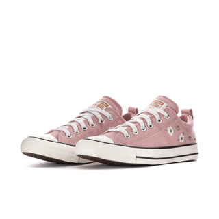 Women's blush pink canvas low-top sneakers, lace-up with floral accents, white sole