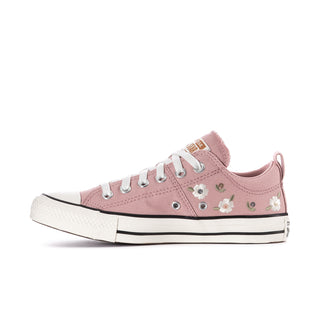 Women's blush pink canvas low-top sneakers with floral embroidery, lace-up, white midsole