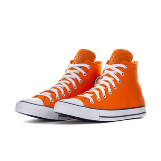 Pair of men's orange high-top sneakers with white laces and white toe caps