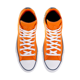 Men's orange high-top sneakers front view with white laces and toe caps