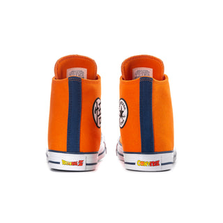 Men's orange high-top sneakers heel view with Converse logo and navy stripe