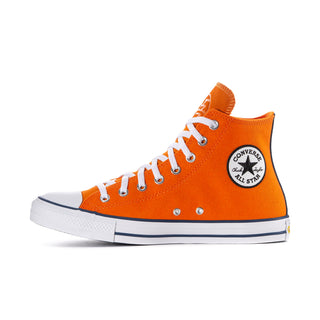 Men's orange high-top sneaker side view with Converse All Star patch