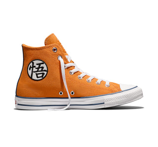 Men's Chuck Taylor high-top sneakers, orange canvas with white laces and 'Goku' heel patch