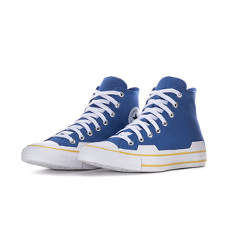 Pair of men's high-top sneakers, blue upper, white laces, white sole with yellow side stripe