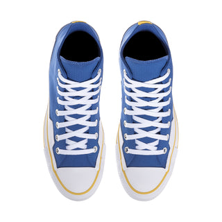 Blue high-top sneakers with white laces and low-profile toe cap; yellow outsole edge