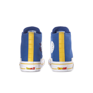 Back view of men's blue high-top sneakers with yellow heel accents and white rubber sole