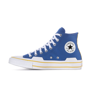 Blue high-top sneaker with Converse All Star patch, white laces, and yellow side trim