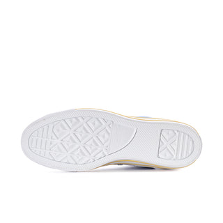 Outsole view of blue high-top sneakers with white tread and yellow-edged rubber sidewall