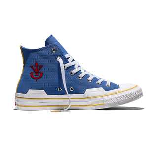 Blue high-top sneakers with white laces, yellow trim, and red logo on the heel