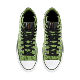 Pair of bright green high-top sneakers with black laces and white rubber toe caps