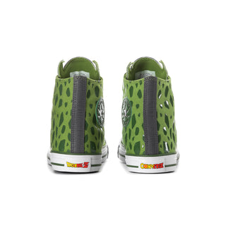 Back view of bright green high-top Converse sneakers with heel patch and white sole