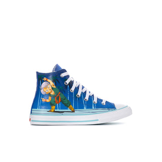 Blue high-top kids sneakers with white laces and character graphic on the side