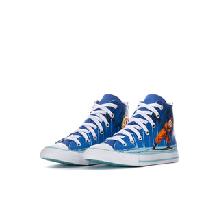 Pair of blue kids high-top sneakers with white laces and character artwork on sides