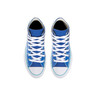 Blue kids high-top sneakers viewed from front with white crisscross laces
