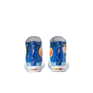 Back view of blue kids high-top sneakers with character graphics on heels