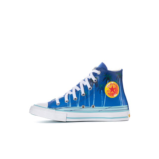 Blue kids high-top sneaker with white laces and Converse patch on the ankle