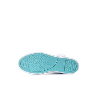 Kids blue high-top sneaker outsole with patterned tread and sidewall logo